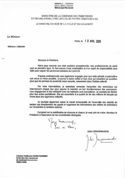 EMR Ascenseurs - Lettre du Ministère de la cohésion des territoires et des relations avec les collectivités territoriales