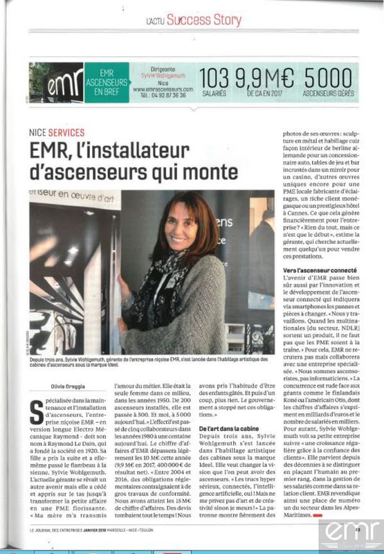 EMR Ascenseurs dans le JOURNAL DES ENTREPRISES Janvier 2019